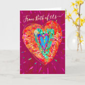 レトロ ヒッピーピンクターコイズハート バレンタインデー カード (黄色い花)
