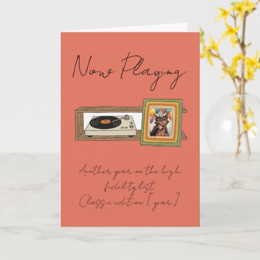 レトロ ビニール レコード プレーヤー 写真 パーソナライズ カード (黄色い花)