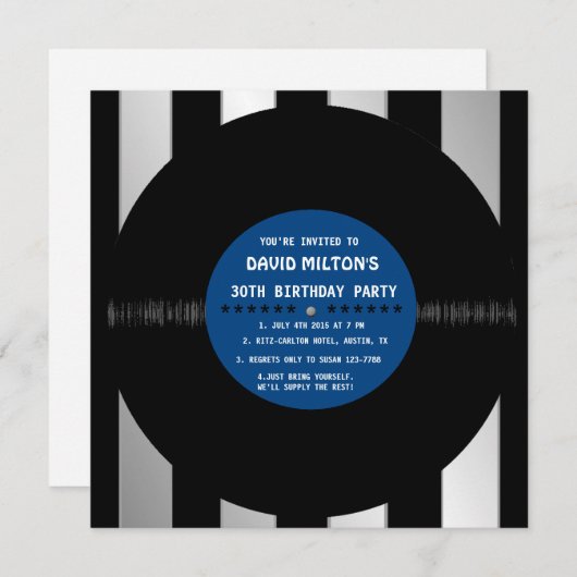 レトロ ビニール レコード 現代の誕生日パーティー 招待状 (正面/裏面)