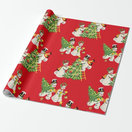 レトロ ビンテージの雪だるま ラッピングペーパー (アンロールド)