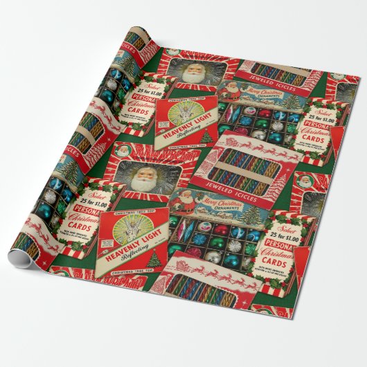 レトロ ビンテージ クリスマス デコレーション コラージュ ラッピングペーパー (アンロールド)