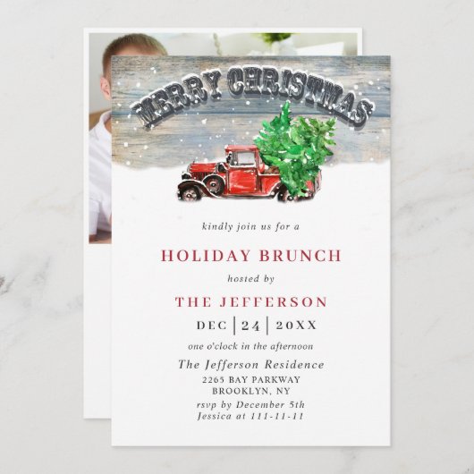 レトロ ビンテージ クリスマス 赤いトラック ホリデー ブランチ 招待状 (正面/裏面)