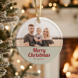 レトロ ビンテージ グリーン ストライプ レッド メリークリスマス セラミックオーナメント