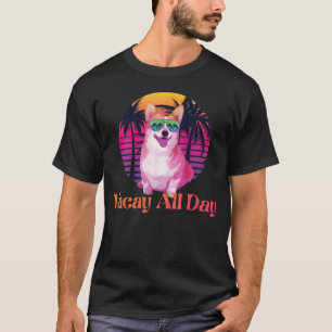 レトロ ビンテージ コーギー 犬 トロピカル 夏の休暇 Tシャツ