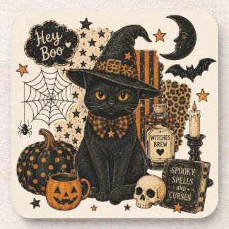 レトロ ビンテージ ハロウィン 黒猫 魔女の帽子 スプーキー コースター