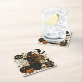 レトロ ビンテージ ハロウィン 黒猫 魔女の帽子 スプーキー スクエアペーパーコースター (インサイチュ)