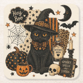 レトロ ビンテージ ハロウィン 黒猫 魔女の帽子 スプーキー スクエアペーパーコースター