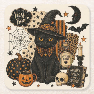 レトロ ビンテージ ハロウィン 黒猫 魔女の帽子 スプーキー スクエアペーパーコースター