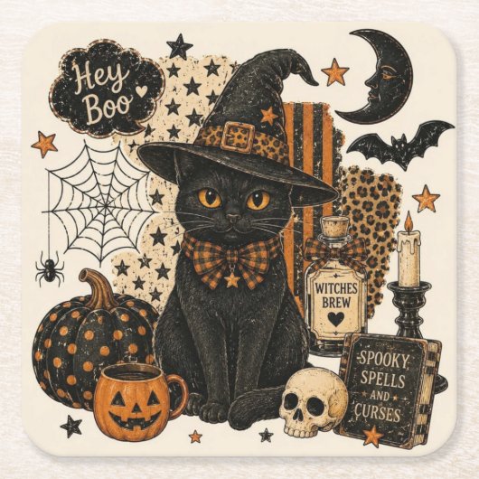 レトロ ビンテージ ハロウィン 黒猫 魔女の帽子 スプーキー スクエアペーパーコースター (正面)