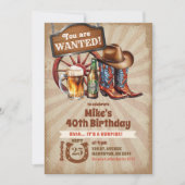レトロ ビンテージ ビール ブーツ カウボーイ 大人の誕生日 招待状 (正面)