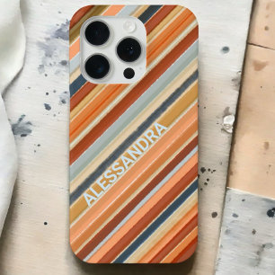レトロ ビンテージ ボホ モノグラム オレンジ ブルー ストライプ iPhone 15 PROケース