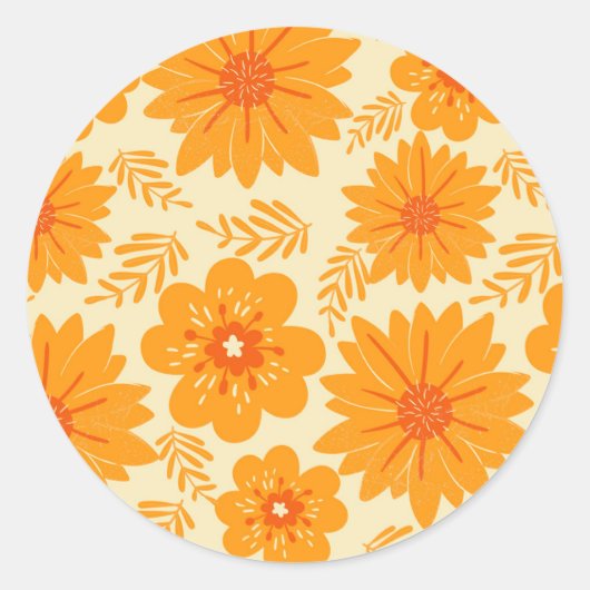 レトロ ビンテージ ミッドセンチュリー オレンジ 花柄 ラウンドシール (正面)