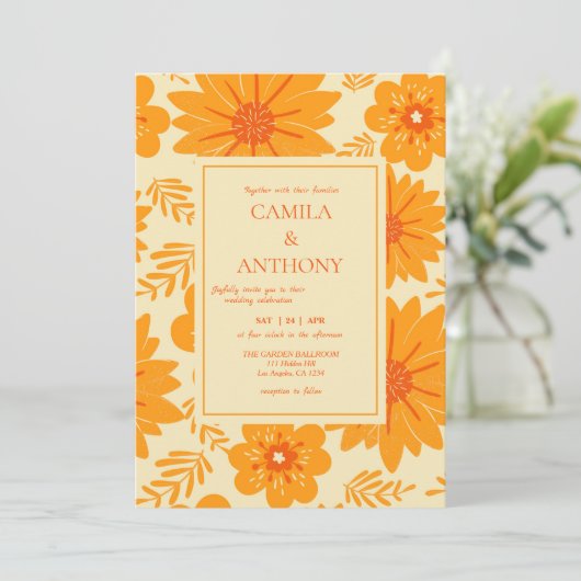 レトロ ビンテージ ミッドセンチュリー オレンジ 花柄 招待状 (スタンド正面)