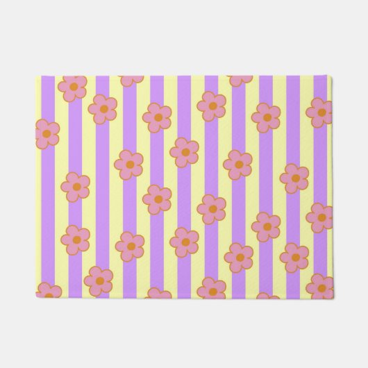 レトロ ビンテージ 紫 ストライプ 花模様 ドアマット (正面)