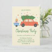 レトロ ビンテージ 赤い車のクリスマスパーティー招待状 招待状 (スタンド正面)