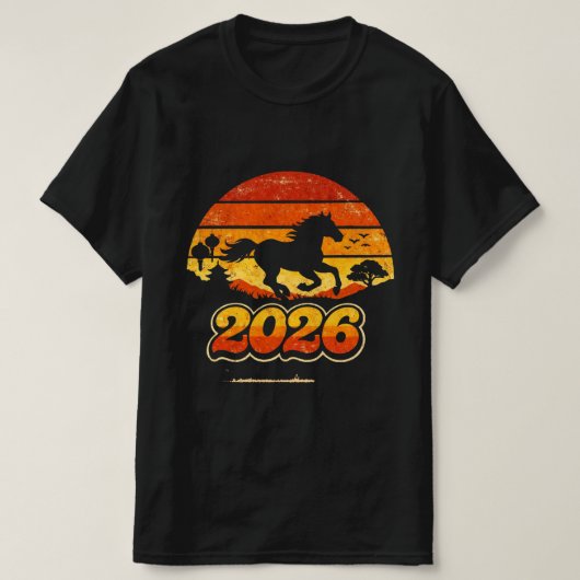 レトロ ビンテージ 馬 夕焼け 2026 Tシャツ (デザイン正面)