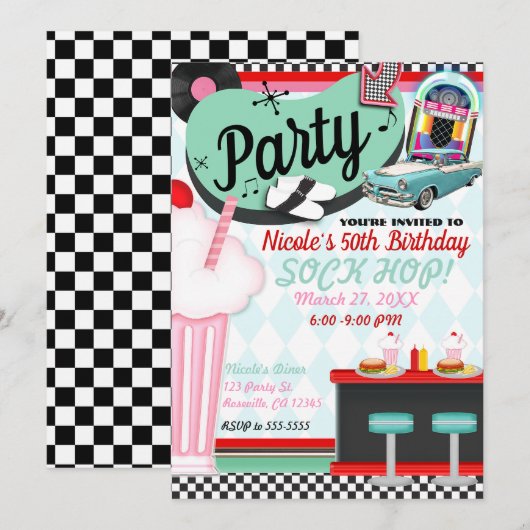 レトロ ビンテージ 50年代 ダイナー 誕生日 パーティー 招待状 (正面/裏面)