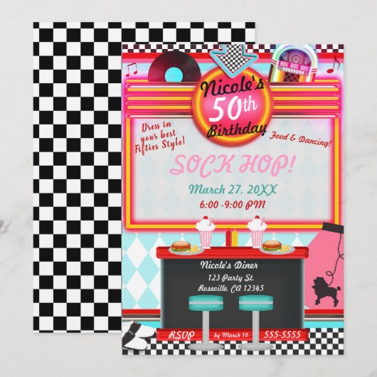 レトロ ビンテージ 50年代 ダイナー 誕生日 パーティー 招待状 (正面/裏面)