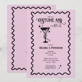レトロ ピンクとブラックの衣装とカクテルのパーティー 招待状 (正面/裏面)