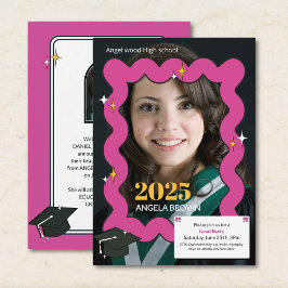 レトロ ピンクのぐねぐね写真 卒業パーティー招待状 案内状