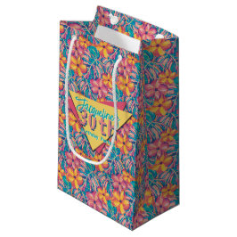 レトロ ピンク&イエロー 花 フラワー 誕生日 スモールペーパーバッグ