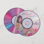 レトロ ピンク ガールズ ミュージックCD 誕生日 招待状 (正面/裏面)