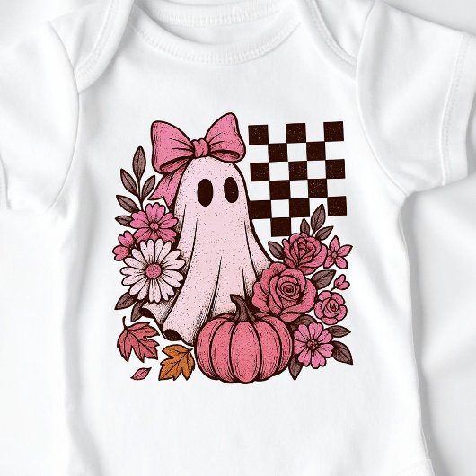 レトロ ピンク コケティー ゴースト ガール ボウ ハロウィン ベビーボディスーツ