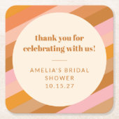 レトロ ピンク サンセット ストライプ カスタム ブライダル シャワー スクエアペーパーコースター (正面)