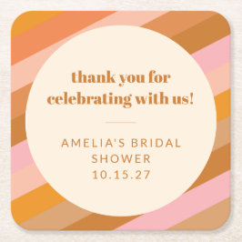 レトロ ピンク サンセット ストライプ カスタム ブライダル シャワー スクエアペーパーコースター