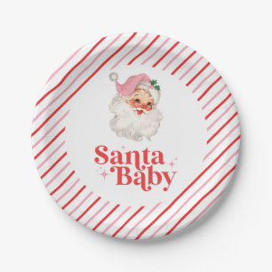 レトロ ピンク サンタベイビー クリスマス ベビーシャワー ペーパープレート