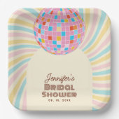 レトロ ピンク ディスコボール グルーヴィー ボヘミアンスタイルのウェディングシャワー ペーパープレート (正面)