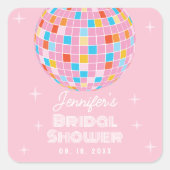 レトロ ピンク ディスコボール 70年代 80年代 テーマの ブライズシャワー スクエアシール (正面)
