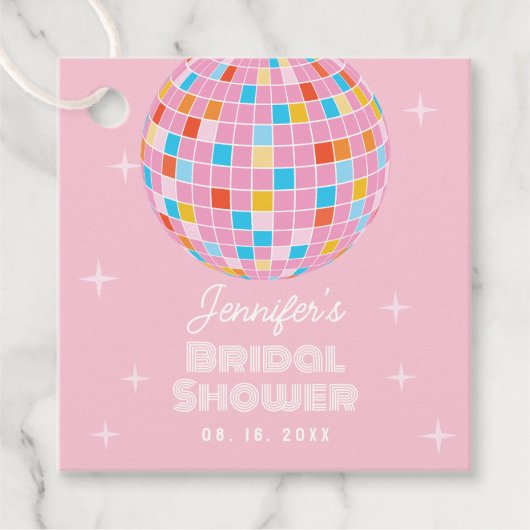 レトロ ピンク ディスコボール 70年代 80年代 テーマの ブライズシャワー フェイバータグ (正面)