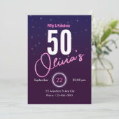 レトロ ピンク ネオン 50歳のお誕生日おめでとう 招待状 (スタンド正面)