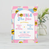 レトロ ピンク ブルー チェック 合同 誕生日 招待状 (スタンド正面)