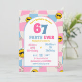 レトロ ピンク ブルー チェック 67 合同 誕生日 招待状 (スタンド正面)