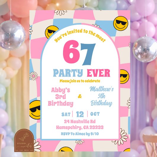 レトロ ピンク ブルー チェック 67 合同 誕生日 招待状