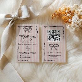レトロ ピンク ベージュ リボン ロゴ QR サンクスカード 注文用 名刺