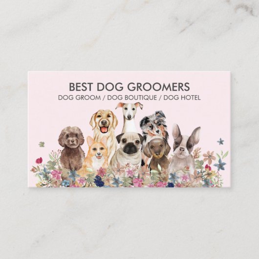 レトロ ピンク ペットシッター 犬 花 獣医 名刺 (正面)