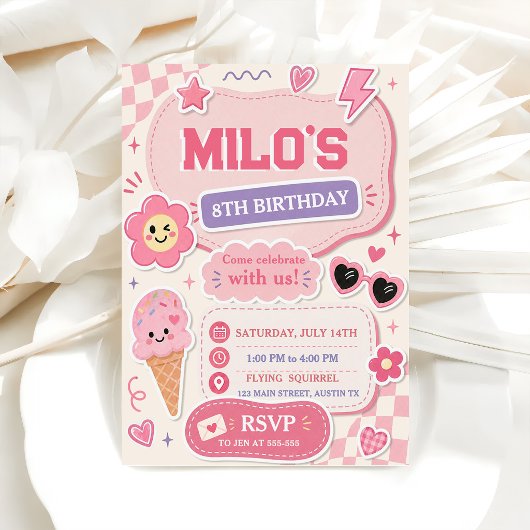 レトロ ピンク 女の子 誕生日 招待状