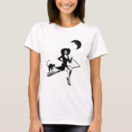 レトロ ピンナップガール 魔女のほうきに乗る ブラックキャット アート Tシャツ