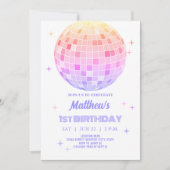 レトロ ファンキー 90年代 ピンク ディスコ 1歳 誕生日 写真 招待状 (正面)