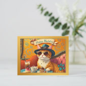 レトロ ファン キャットとケーキの誕生日 ポストカード (スタンド正面)