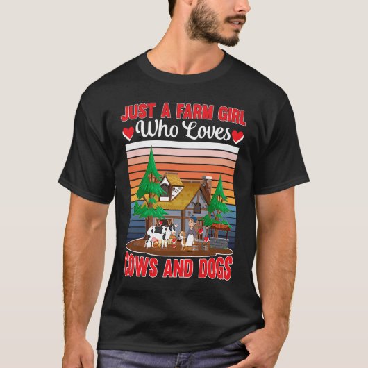 レトロ ファーム 女子 牛 犬 ファーミング ユーモア Tシャツ (正面)