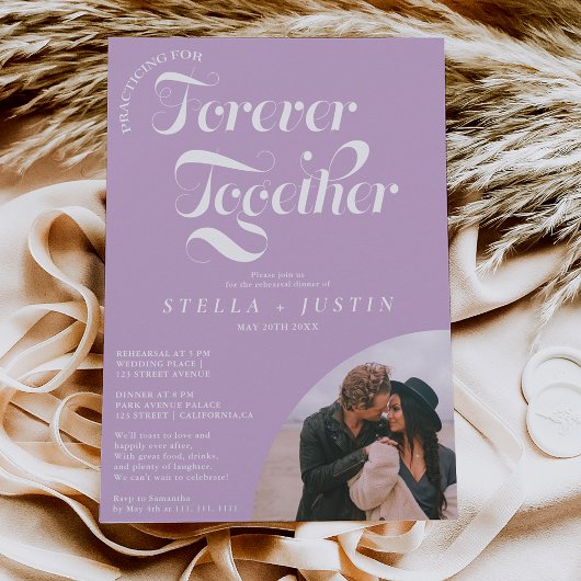 レトロ フォーエバー フォト ラベンダー リハーサル ディナー 招待状