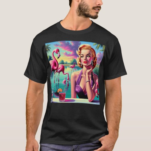 レトロ フラミンゴ ピンアップ Tシャツ (正面)