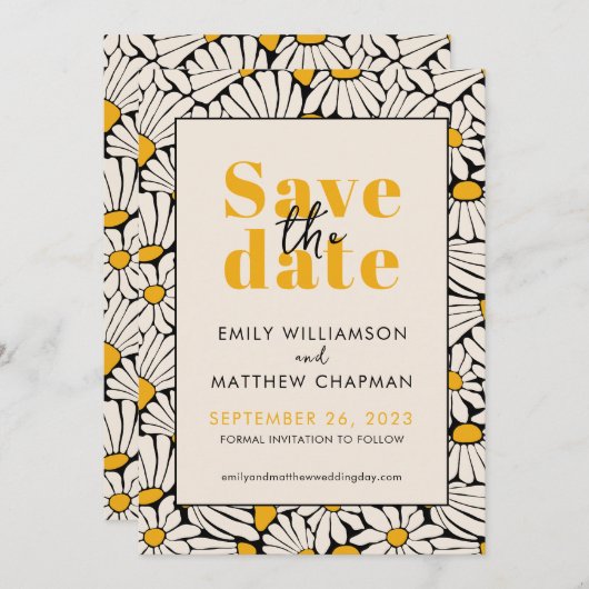 レトロ フラワーの結婚式の事前お知らせカード セーブザデート (正面/裏面)