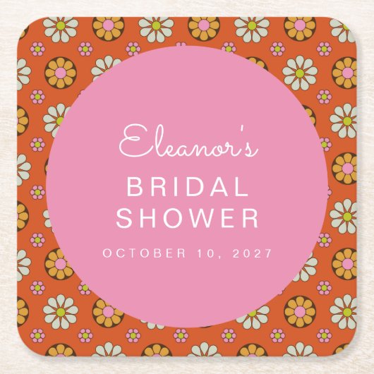 レトロ フラワーズ オレンジ ピンク ブライダル シャワー カスタム スクエアペーパーコースター (正面)