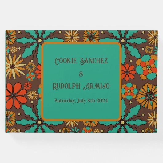 レトロ フラワーズ ブラウン ティール レッド 花柄 グルーヴィー 60年代スタイル ゲストブック (正面)