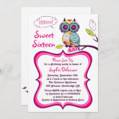 レトロ フラワー オウル ホットピンク スイート16 誕生日招待状 招待状 (正面/裏面)